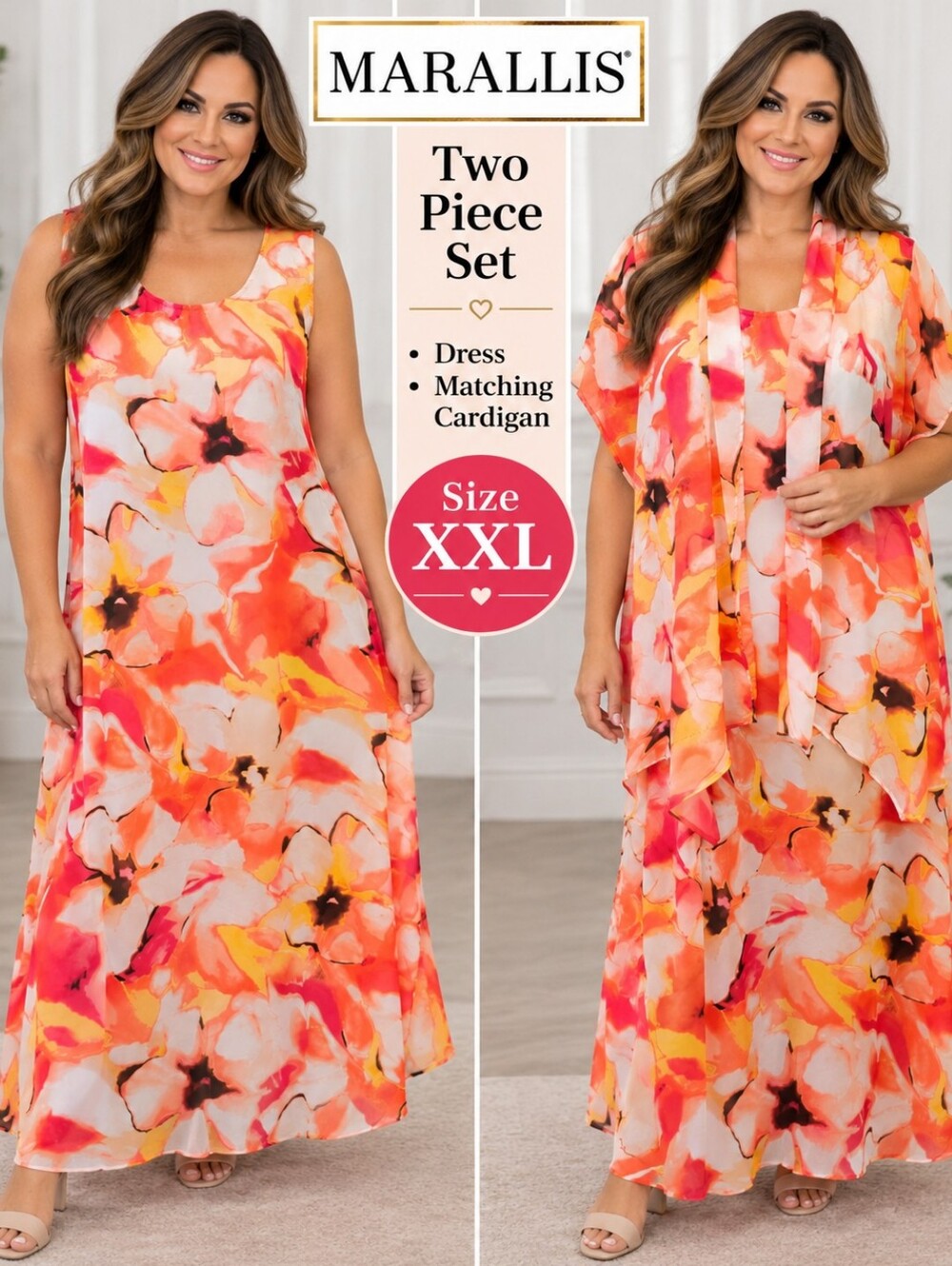 Marallis 2-Piece Floral Maxi Dress & Matching Cardigan – Size XXL – NWT